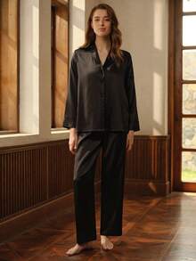 Bộ đồ ngủ satin cổ khăn choàng, trang phục thu đông ấm áp và thanh lịch - màu đen - Xem 3