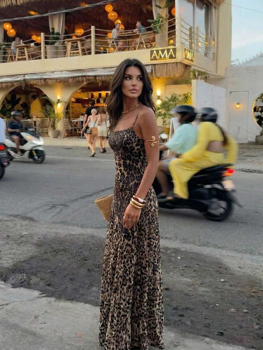 Firerie Vestido largo con estampado de leopardo, elegante, sofisticado y romántico, con espalda descubierta, adecuado para el Día de San Valentín, citas, fiestas, bodas y ocasiones formales