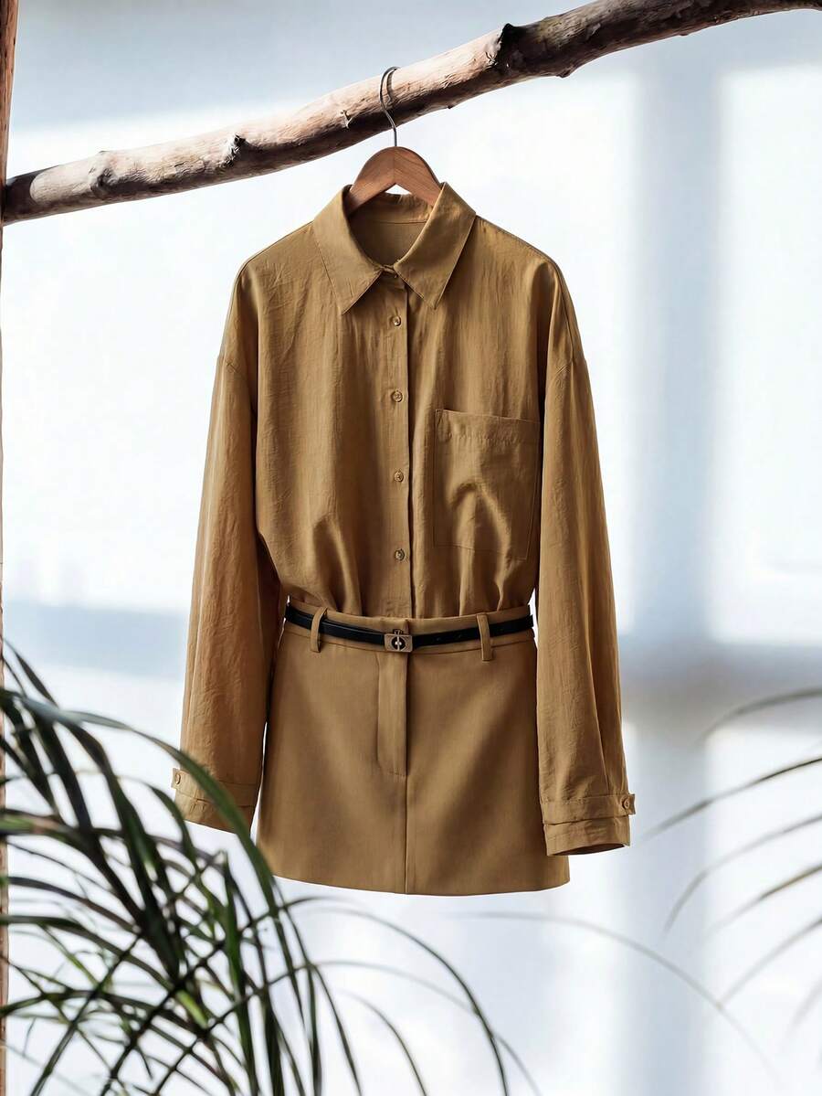 Zanirela Zanirela Fashionable 2 In 1 Long Sleeve Shirt Dress For Women Fall Cloth For Women - Khaki - View 1