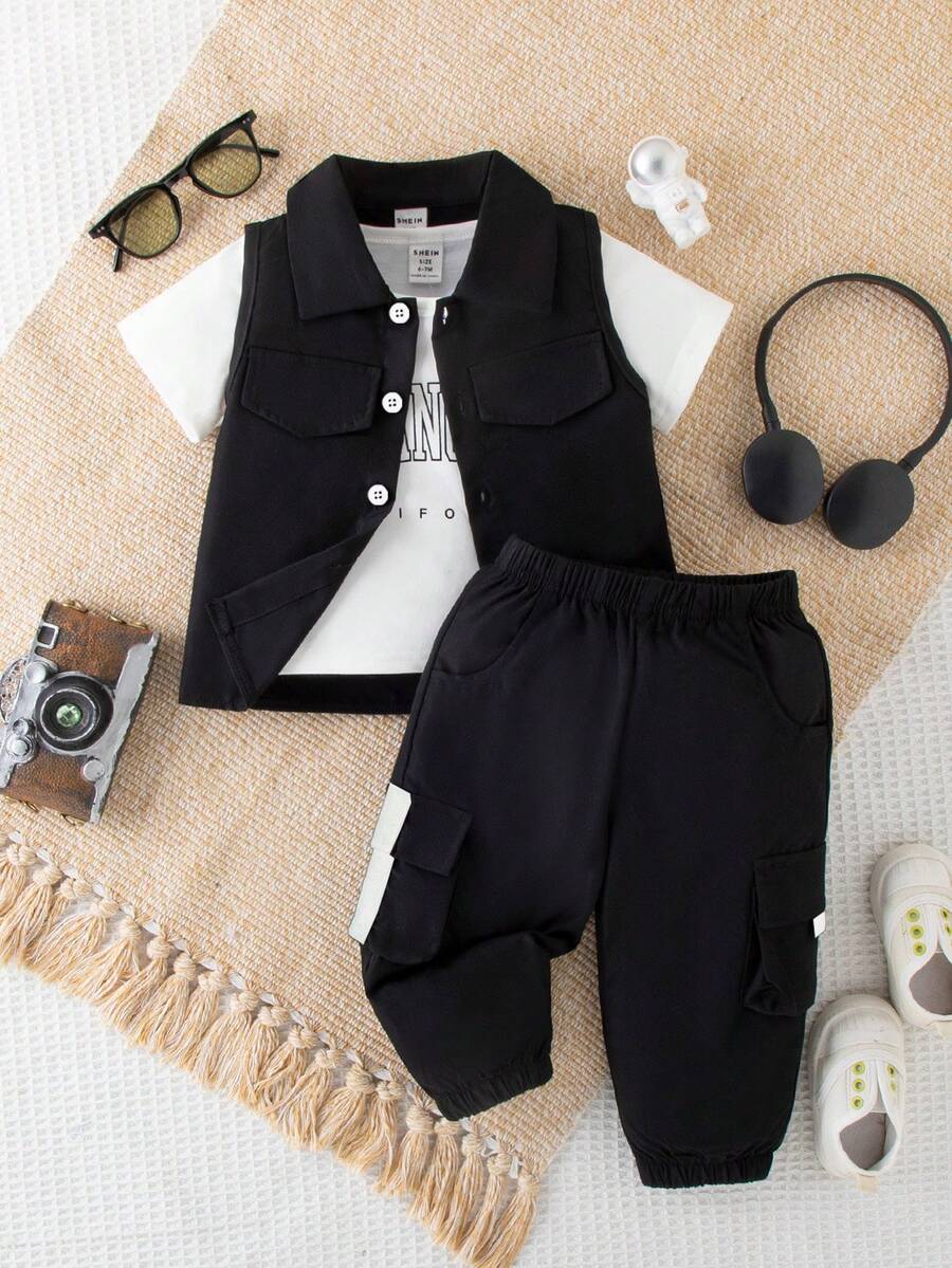 SHEIN 3pcs Baby Boy Casual Cool Sports Letter Print Short Sleeve T-Shirt, Button-Up Vest Jacket And Cargo Pants Set, Spring/Summer/Autumn - Black and White - View 1