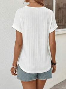 Zayélia Camiseta casual de mujer de unicolor con cuello en V y manga corta acanalada - Blanco - Ver 2