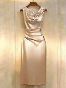 Franclia 女士优雅扭结设计无袖连衣裙，适合日常通勤和约会 - 香檳色 - 查看 1