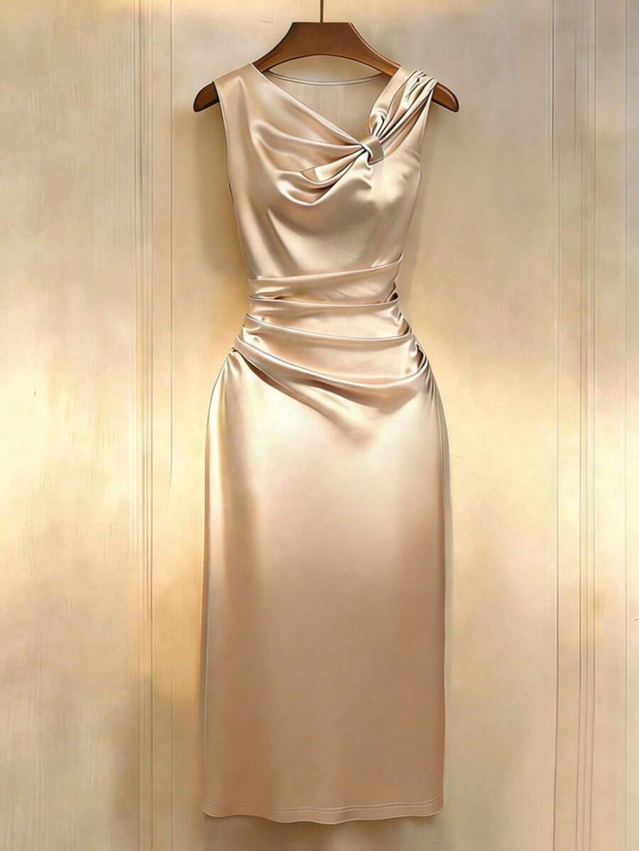 Franclia 女士优雅扭结设计无袖连衣裙，适合日常通勤和约会 - 香檳色 - 查看 1