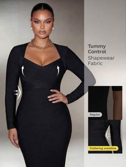 Nuvra Plus Size Black Square Neck Long Sleeve Slimming Bodycon Bandage Formal Dress