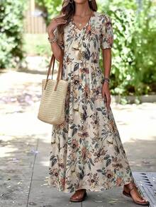 EMERY ROSE 女士浪漫碎花V领短袖连衣裙，优雅夏季外出、约会、度假的理想之选 - 銅色 - 查看 4