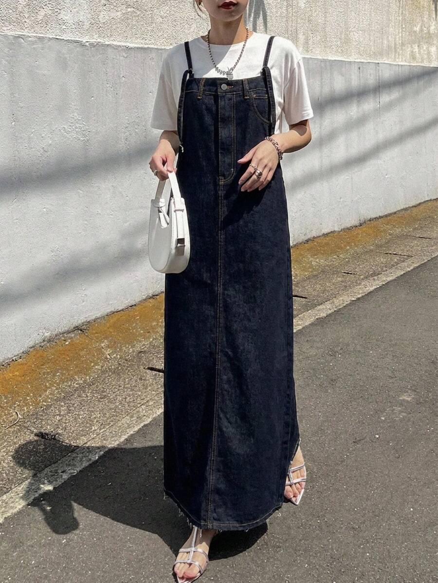 FRIFUL 女士纽扣设计休闲宽松牛仔背带裙 - 藍色 - 查看 1