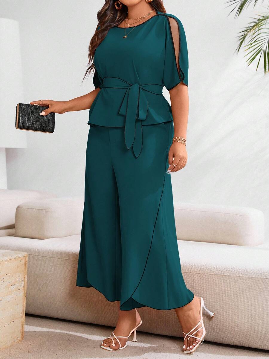 Breezaya Ensemble 2 pièces femme grande taille, chemise à manches fendues de couleur unie et pantalon large - Turquoise - Voir 1