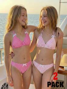 2件套少女比基尼套装，夏季海滩度假格子蝴蝶结泳衣套装+纯色纹理泳衣套装 - 彩色 - 查看 3