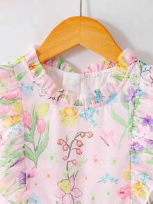 SHEIN Playful Pals 少女淡粉色仙女夏日洋裝，兔子印花雪紡荷葉袖公主裙，適合生日拍照、派對、上學、日常穿著 - 粉色 - 查看 9