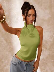 SHEIN BAE Apricot Color Draped Neck Backless Women's Tank Top, Sexy & Elegant Camisole For Spring/Summer - Olive Green - View 7