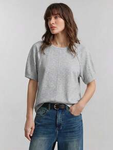 Ontre 2026SS Damen bequemes, hautfreundliches, elastisches graues T-Shirt mit Rundhalsausschnitt, Raglanärmeln, Bündchendesign, Lässig, geeignet für urbane Pendler, Business-Casual, Hochzeitsgäste Outfit, Frühling - Hellgrau - Übersicht 4