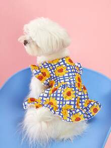 PETSIN 1件宠物通用蓝色格子向日葵印花短袖可爱狗狗连衣裙 - 彩色 - 查看 6
