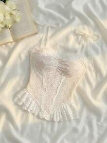 SHEIN MOD 女士蕾丝荷叶边下摆时尚百搭约会派对吊带背心 - 白色 - 查看 4