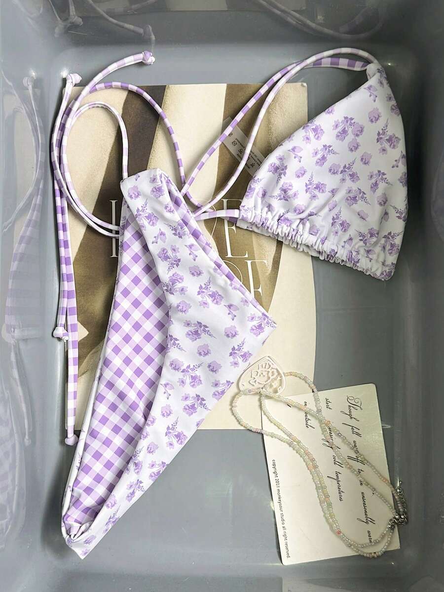 Swim Mod Bộ bikini hai mảnh mùa hè mới về dành cho nữ, họa tiết hoa và kẻ caro ngẫu nhiên, kiểu dáng tam giác buộc dây cổ, thích hợp cho kỳ nghỉ biển. - Nhiều màu - Xem 1