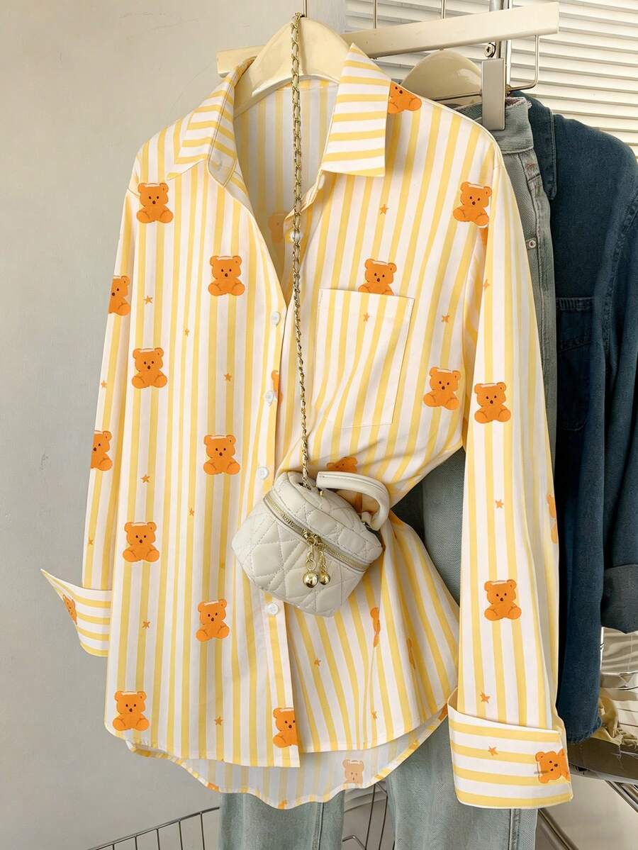INAWLY Women's Casual Striped Bear Print Shirt - Yellow - View 1