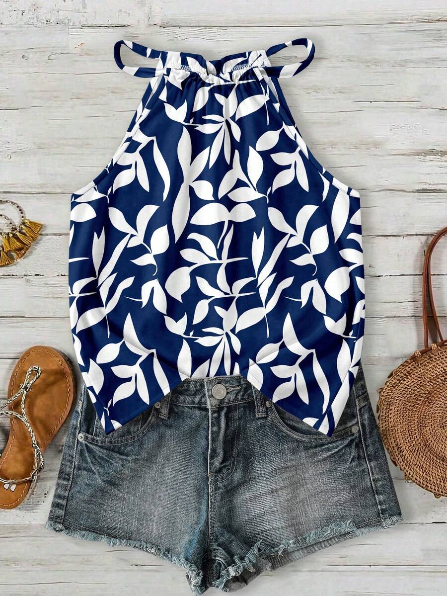 SHEIN LUNE Women's Blue & White Floral Print Halter Neck Camisole, Suitable For Spring/Summer Vacation - Multicolor - View 1