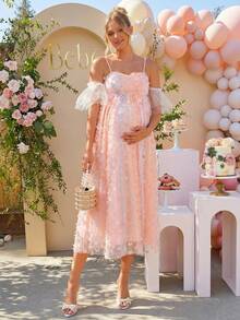 Loomaby Pink Butterfly Decor Off-Shoulder Maternity Dress For Baby Shower,Summer Fairy Elegant Pregnancy Dresses For Photoshoot,Gender Reveal Dress Set - Multicolor - View 4