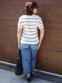 Lupita Cardoza Top tricotat casual pentru femei, cu guler rotund și mânecă scurtă, cu dungi, toamnă pentru femei, iarnă, Anul Nou pentru femei, petrecere, nuntă, absolvire, elegant, casual, vară - Caisă - Vizualizare 2