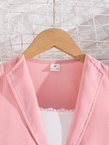 SHEIN Genkimix Kids 2件套幼儿女童无袖外套配蝴蝶结腰带和短裤休闲时尚套装，日常穿着，姐妹装（2套单独出售） - 粉色 - 查看 3