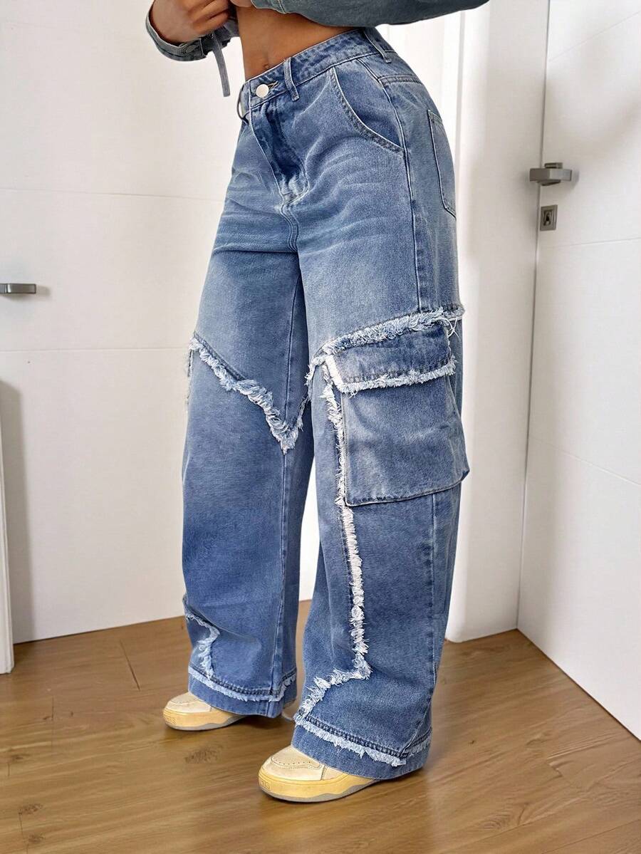 StreetHx Women's Fashion Casual Loose Wide-Leg Cargo Jeans - Light Wash - View 1