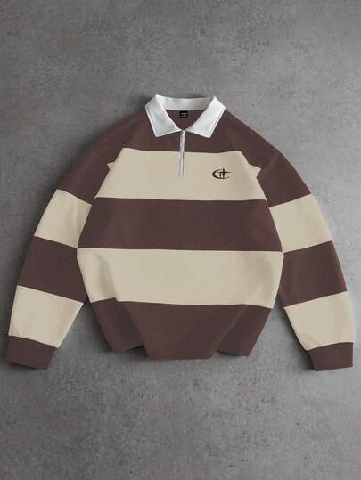 PAVTROS 男士时尚条纹长袖休闲宽松 Polo 衫。街头风、朋友装、情侣装、宽松款、男士款、印花款、日系风格、男女通用款、我爱我的女朋友