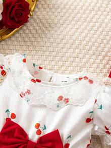 Souflis Souflis 2pcs/Set Baby Girls' Sweet Cute Lace Peter Pan Collar Short Sleeve Bow Dress & Hat Set, Suitable For Summer, Vacation & Party - Red and White - View 6