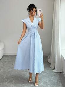 Elenzga 女士优雅畅销蓝白条纹交叉翻领腰带设计短袖休闲连衣裙 - 藍白色 - 查看 6