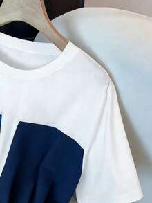 GlowEve CURVE 女士加大码撞色拼接针织圆领落肩短袖收腰宽松直筒休闲日常时尚舒适度假百搭二合一T恤，春夏款 - 彩色 - 查看 3