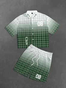 Manfinity Roghcode 男士夏季绿色渐变格子短袖衬衫套装，Digit 08 印花衬衫和短裤两件套，男女通用音乐节 - 彩色 - 查看 1