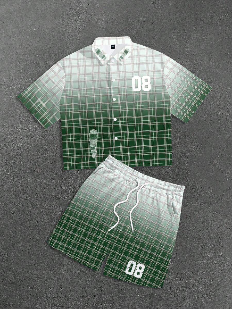 Manfinity Roghcode 男士夏季绿色渐变格子短袖衬衫套装，Digit 08 印花衬衫和短裤两件套，男女通用音乐节 - 彩色 - 查看 1