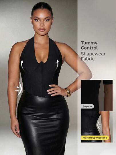 Nuvra 绷带面料修身高领腰部设计时尚性感叠穿上衣，通勤风格，适合大码女性