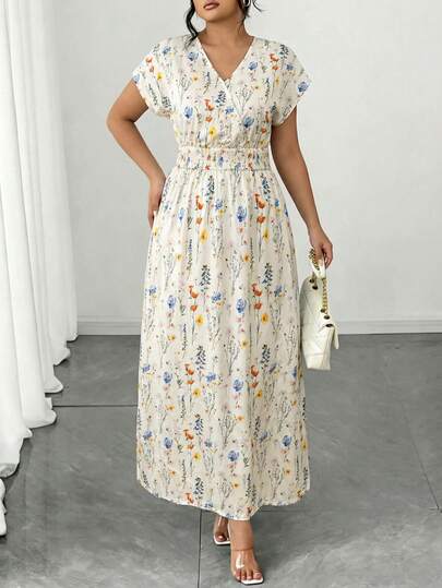 Elenzga Plus Size Women Floral Print Waist Cinched Elegant Dress, Vacation