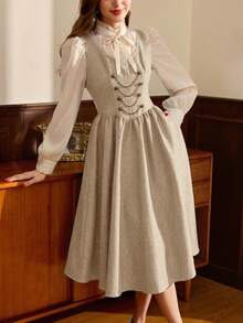 xheVintamour Vestido vintage elegante para mujer con bolsillos, cruzado, con cadena y botones metálicos, vestido informal para vacaciones de otoño.xhe - Albaricoque - Ver 3