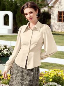 Vintamour Women's Solid Color Front Button Elegant Office Long Sleeve Shirt - Khaki - View 7