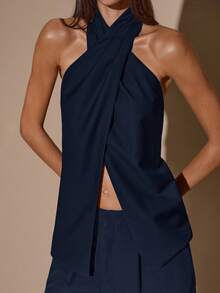 Blusa elegante de color café sólido con cuello halter sin espalda para mujer, top elegante, top con estilo de envoltura cruzada, otoño/invierno - Azul marino - Ver 6