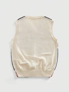 ROMWE MEN Áo vest dệt kim cổ chữ V họa tiết cờ Anh dành cho nam, kiểu dáng thường ngày, phong cách bụi bặm. - Màu be - Xem 2