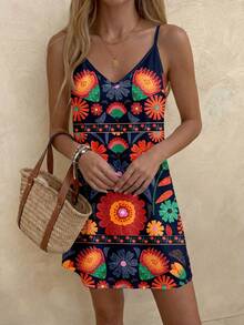 SHEIN LUNE Robe mini imprimée décontractée pour femmes, convenant à l'automne et l'hiver, robes d'été, robes d'été pour femmes convenant pour sortir, robe chic, vacances - Multicolore - Voir 3