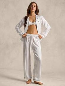Contrast Piping Satin Pajama White Set, Fall Winter Clothes Cozy And Elegant Details - White - View 3