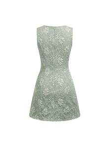 Ellevyn Women's Round Neck Jacquard Elegant Waist Fitted Mini Dress, Suitable For Dates And Parties - Mint Green - View 2