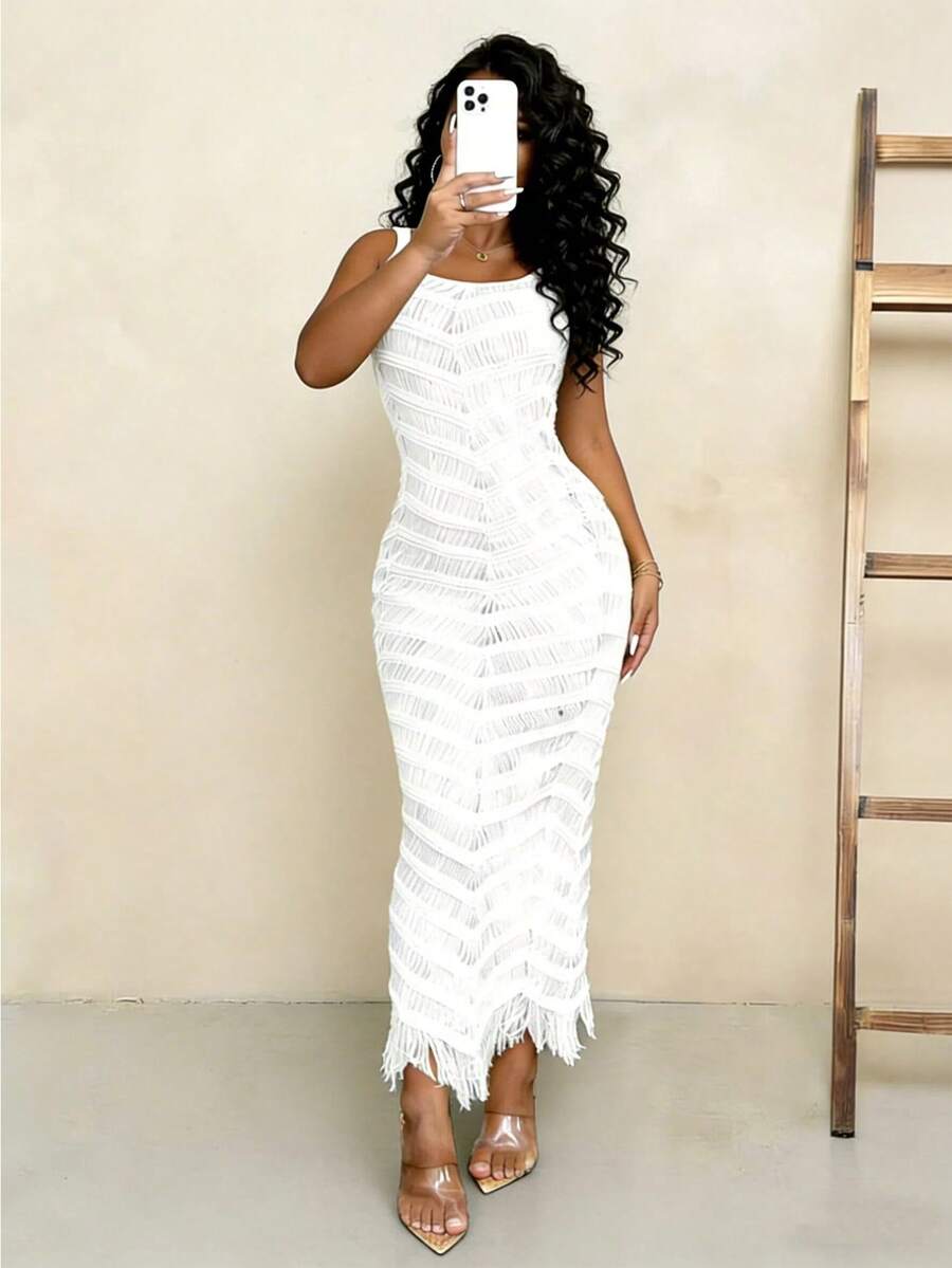 BamGleam Đầm len maxi dài cổ chữ V khoét rỗng, tua rua, kiểu dáng thường ngày, gợi cảm. - trắng - Xem 1