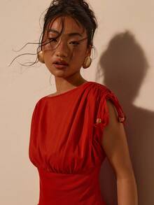 COSMINA Women's Elegant Ruched Waist Ruched Mini Dress, Versatile For Commute, Office, Outing, Daily Wear, Spring - Red - View 5