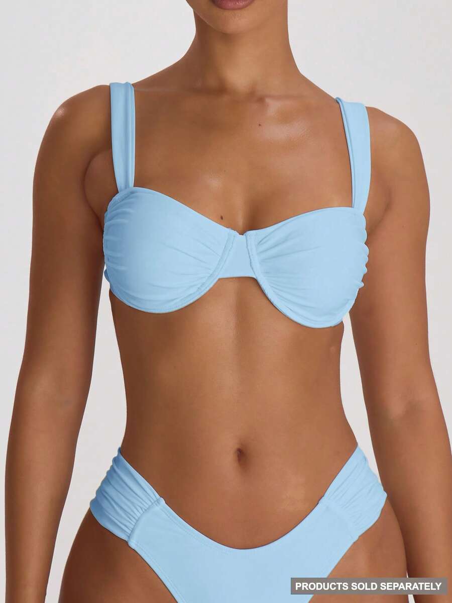 Musera Resort 钢圈加宽肩部褶皱罩杯比基尼上衣，适合泳装度假、夏季旅行、海滩休闲、单身派对、婚礼、新娘单身告别单身派对等场合，纯色度假风。 - 藍色 - 查看 1