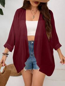 SHEIN Clasi Plus Size Women Solid Color Casual Loose Long Sleeve Jacket - Burgundy - View 5
