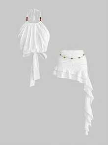 ROMWE Y2K Bộ đồ 2 món gợi cảm cho kỳ nghỉ lãng mạn: Váy dệt kim jacquard màu trắng hở lưng, dây buộc, vạt bất đối xứng dành cho nữ. - trắng - Xem 1