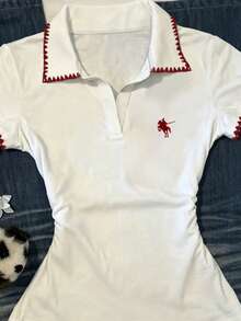 Glimmora Women's Casual Contrast Trim Ruched Waist T-Shirt, Summer - White - View 4