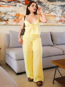 Lupita Cardoza 女士亚麻奶油黄色背心和裤子套装，夏季 - 黃色 - 查看 1