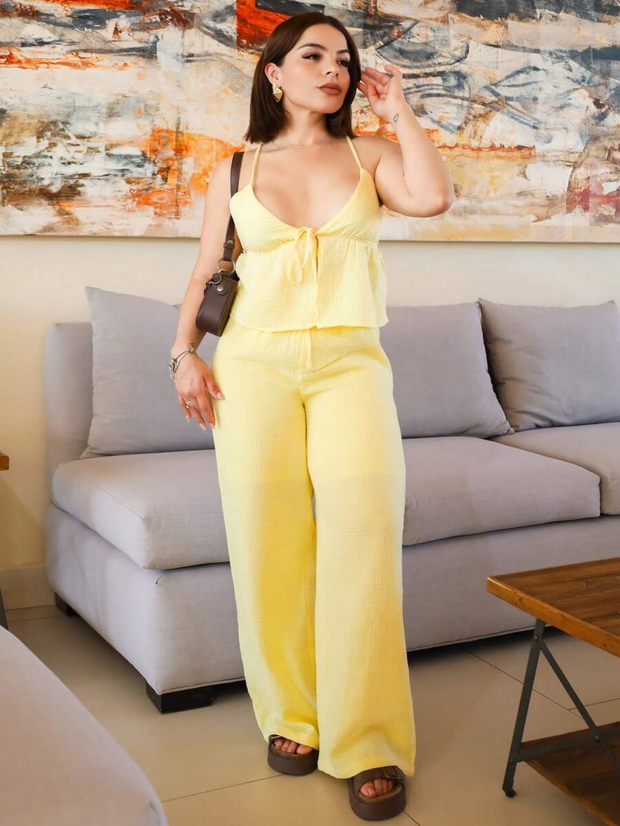 Lupita Cardoza 女士亚麻奶油黄色背心和裤子套装,夏季 - 黃色 - 查看 1