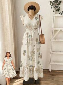 Rusticease Vestido casual de mujer con cuello en V para vacaciones, con estampado todo sobre, mangas acampanadas, cintura fruncida, bajo con volantes, ropa de verano, vestido de verano, vestidos para mujer, vestido de primavera, vestido floral, vestido de verano de mujer, Fleurora vestido elegante de primavera y verano, vestido bohemio de verano, vestido con mangas con volantes, vestido floral estampado de mujer - Multicolor - Ver 4
