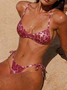 Swim SXY 2pcs Leopard Print Halter Tie Back Sexy Backless Bikini Set For Women, Autumn - Multicolor - View 6