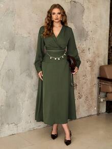 Roveilla Plus Size Women's Elegant Olive Green Autumn Formal Dress,Vintage Shirred Cinched Waist A-Line Long Sleeve Midi Dress,Ruffle Trim Retro Chic Gown - Army Green - View 5
